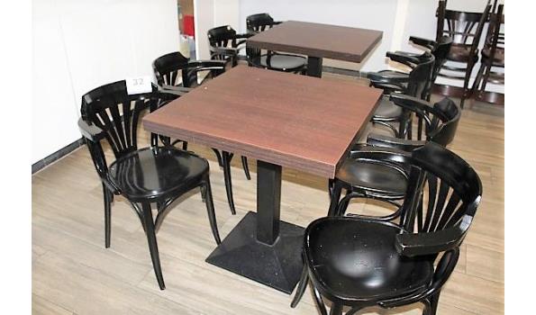2 vierkante tafels, afm plm 70x70cm, vv st voet plus 8 stoelen